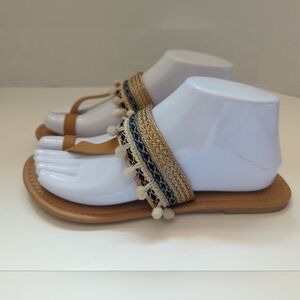 Vintage Boho Hippie Sz 8 Flat Sandals Tassel Weave Tan